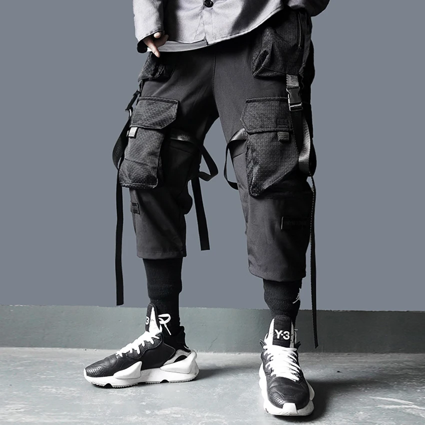 

High Street Joggers Black Men's Clothes Ribbon Multi-pocket Harajuku Hiphop Tooling Cargo Pants Safari Techwear Harem Pants