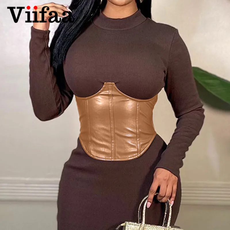 

Viifaa Underbust Corset for Women PU Leather Body Wide Belts Vintage Female Solid Color Lace-Up Slim High Waist Corsets
