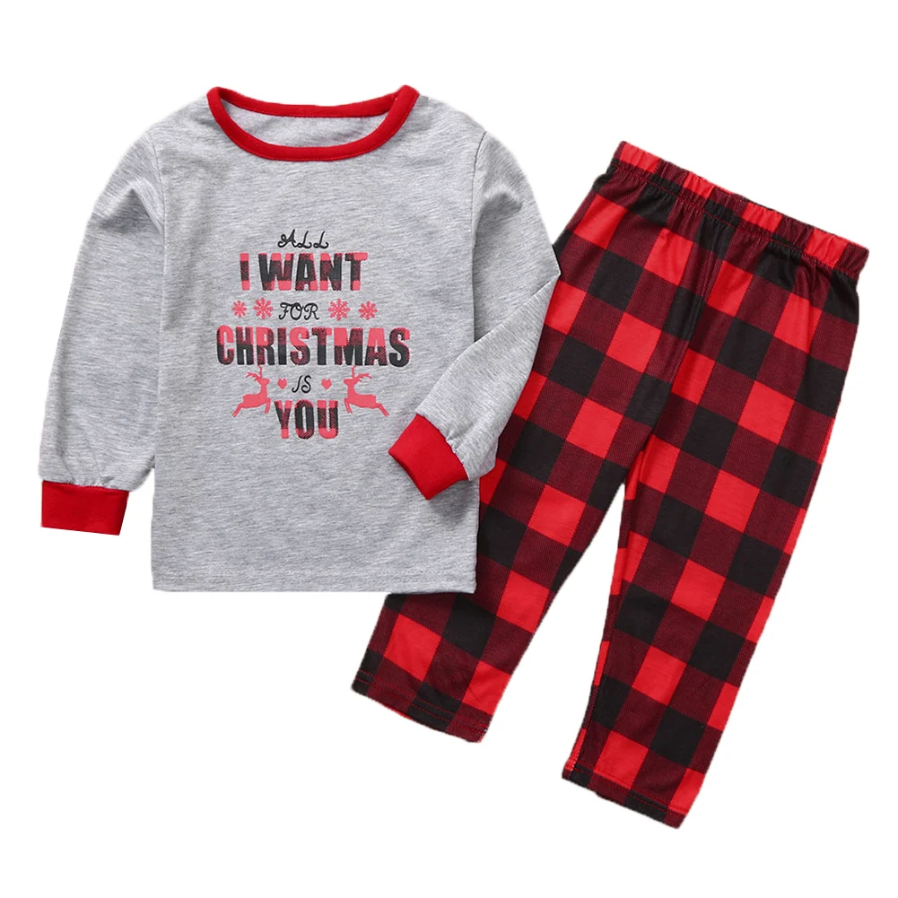 New Christmas Parent-child Outfits Pajama Long Sleeve Letter Print Pullover Plaid Trousers Baby Romper Family Matching | Мать и ребенок