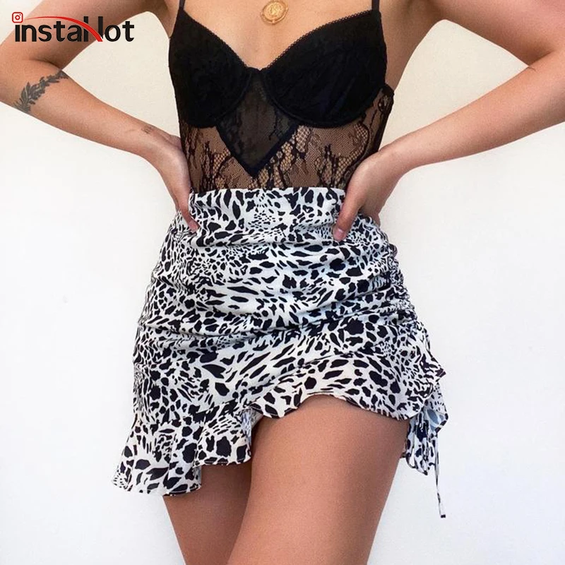 

InstaHot Сексуальная мини-юбка с оборками и высокой талией, леопардовая Женская тонкая юбка-карандаш с рюшами, летняя модная юбка 2020
