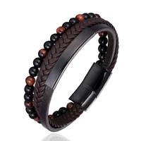 trendy stainless steel 6mm natural tiger eye beads bracelet multi layer leather stainless steel bracelet women men wrist band