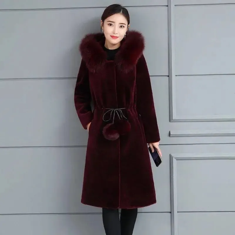 2022 Autumn Winter Mink Velvet Faux Fur Hooded Jacket Female New Slim Fashion Thicken Coat Women Mid-length Mink Fur CoatA538