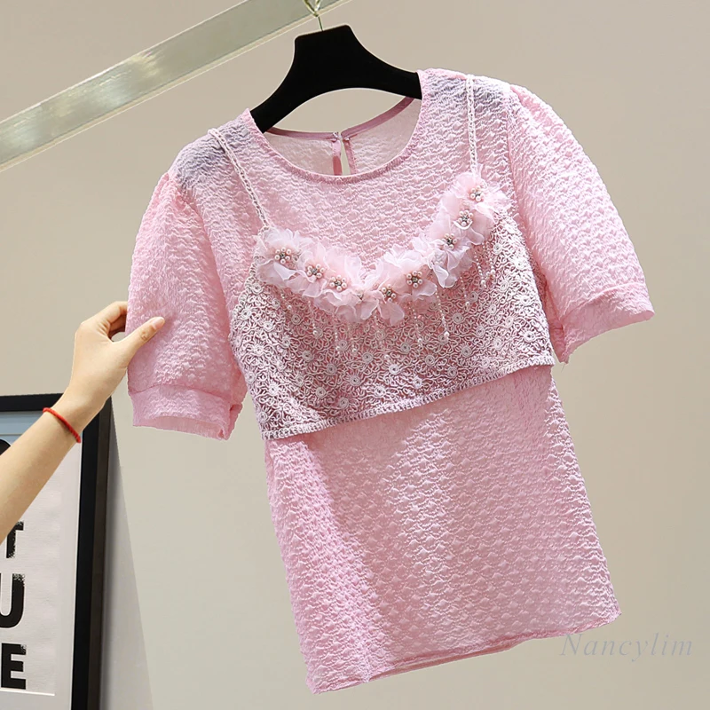 Blusas – pull à manches courtes avec perles en diamant pour femmes, chemise + chemisier amincissant à fleurs tridimensionnelles de couleur unie, hauts en mousseline de soie