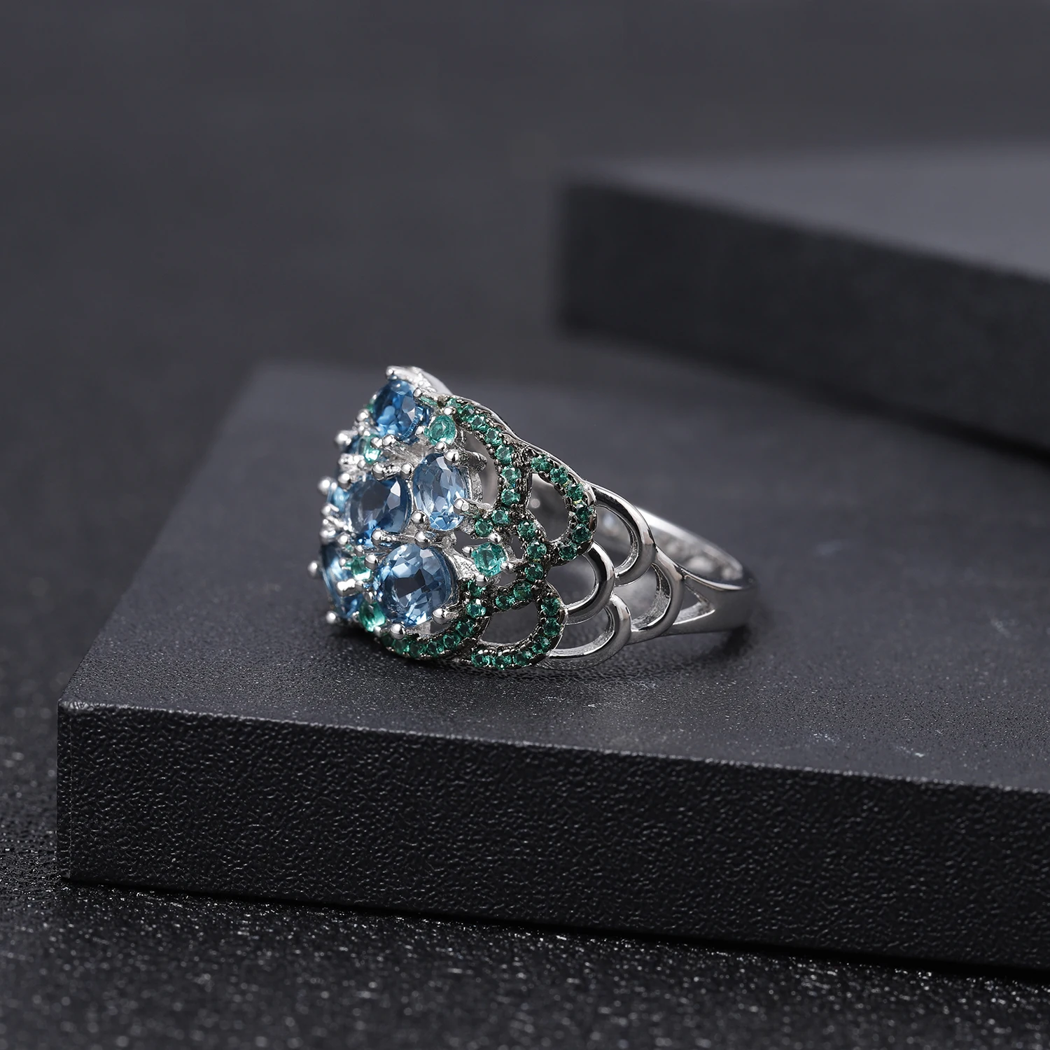 Женское кольцо в стиле ар деко GEM'S BALLET с натуральным голубым топазом из