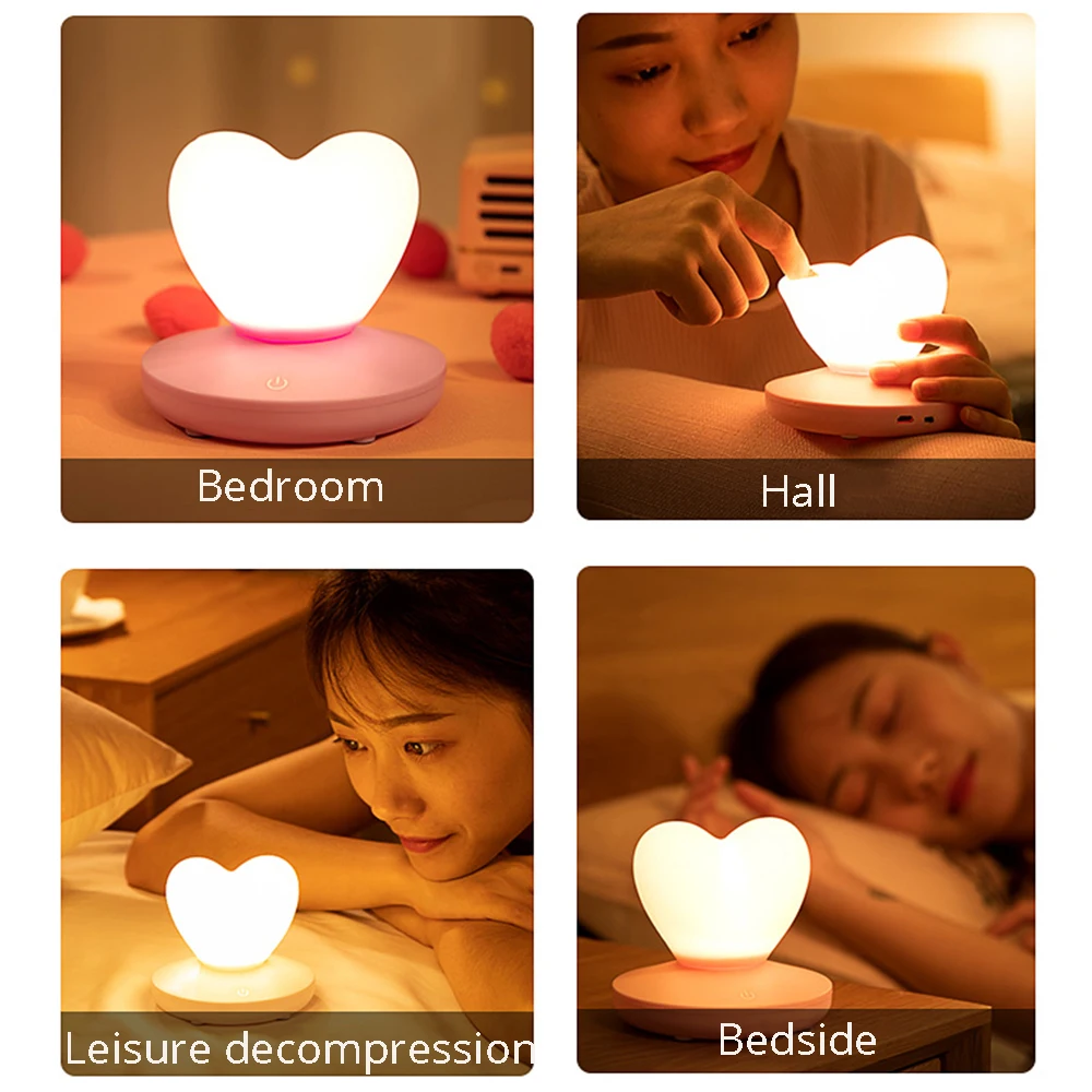 

USB rechargeable silicone night light cute heart-shaped romantic eye protection for kids children bedroom bedside table lamp