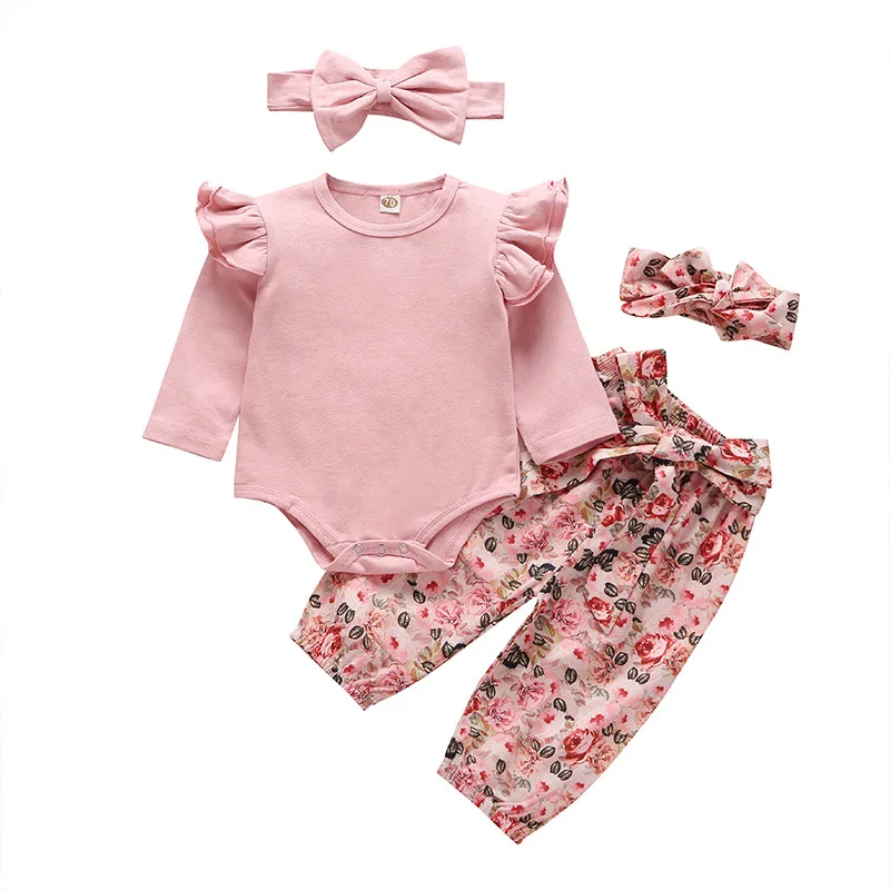 

2021 Winter Children Sets Long Sleeve O Neck Pink Solid Rompers Floral Bow Trousers Cute 2Pcs Girls Boys Clothes Sets 0-3T