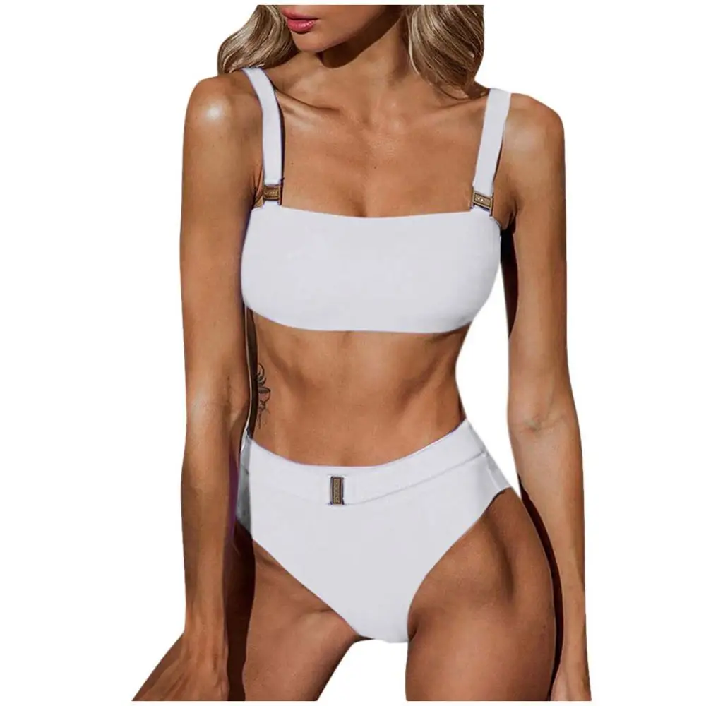 Женский купальник модный Одноцветный высокая талия с поясом бикини набор
