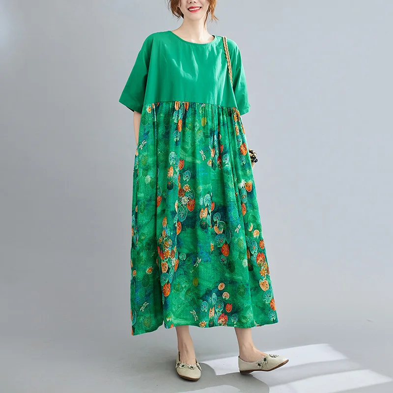 

2021 New Loose Plus Size Women's Clothing Long Plump Girls Summer Belly Covering Short Sleeve Printed Slimming Patchwork Dress