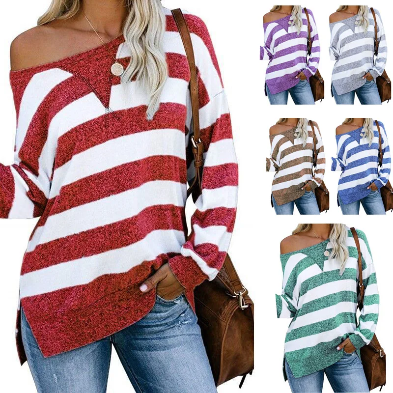 

New Casual Loose Color Matching Striped Long-sleeved Women's Loose T-shirt Women Can Strapless S-5XL Plus Size