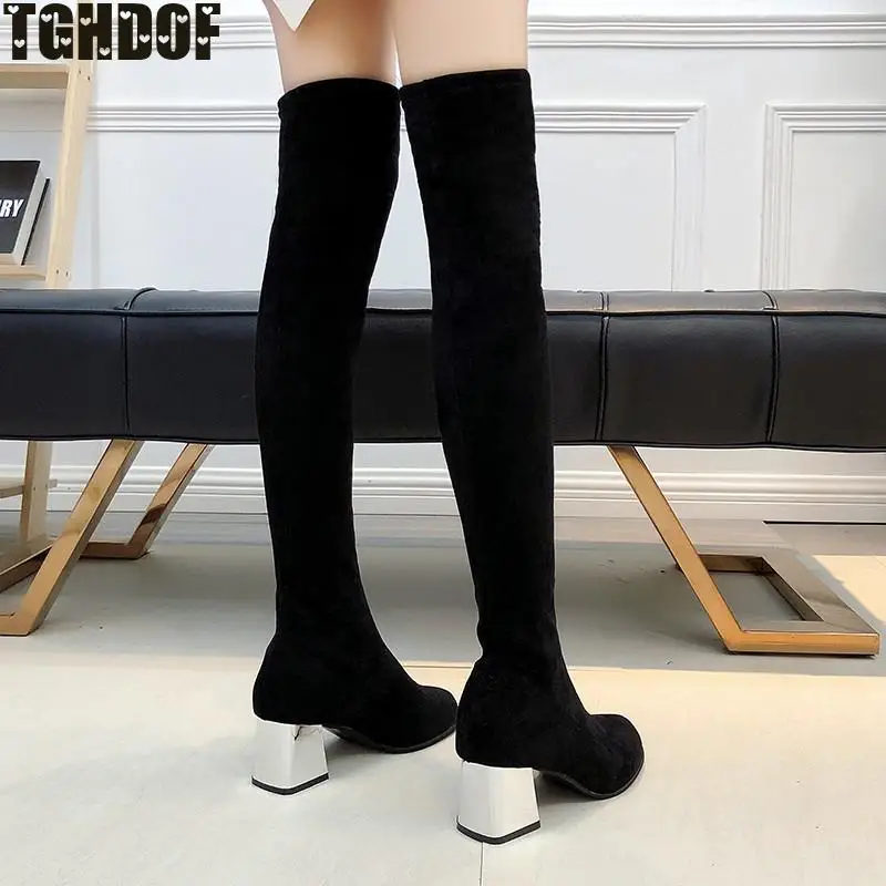 Over-the-knee Long Stovepipe Riding Boots Black Slim Warm Winter Booties Metal Chunky High Heels Knight Botas Women Shoes 2021