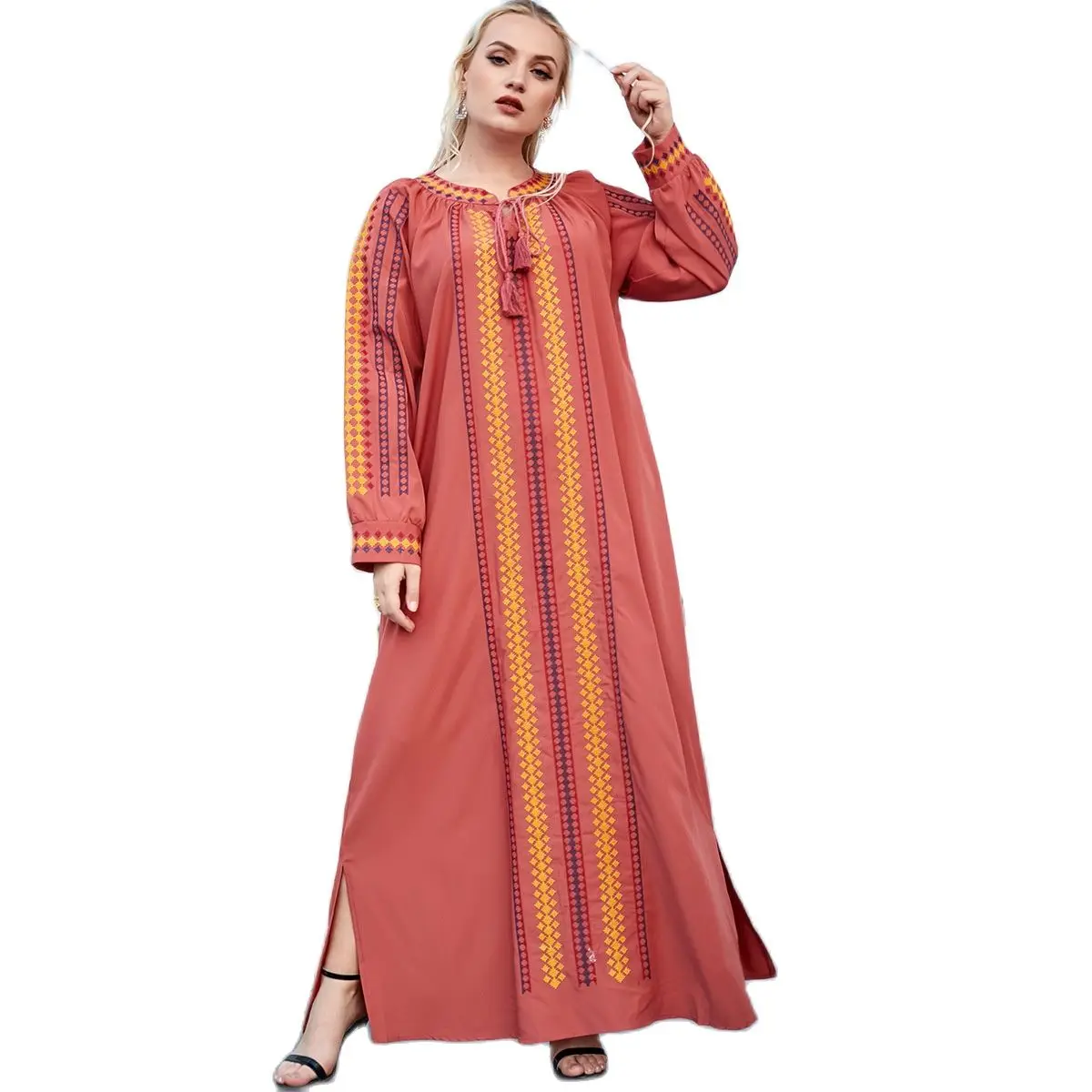 Современное женское вечернее платье абайя A9144, модное большое женское платье в арабском стиле с красной алмазной абстрактной вышивкой и раз...