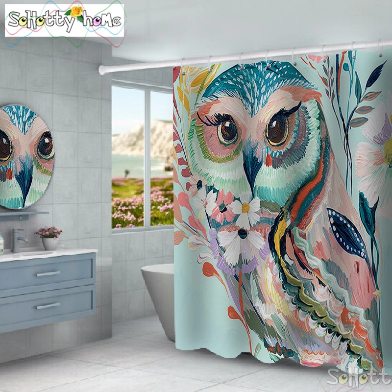 

Child 3D Printing Owl Waterproof Shower Curtain Set With 12 Hooks Colorful Bathroom Curtains Polyester Fabric Bath Mildew Proof