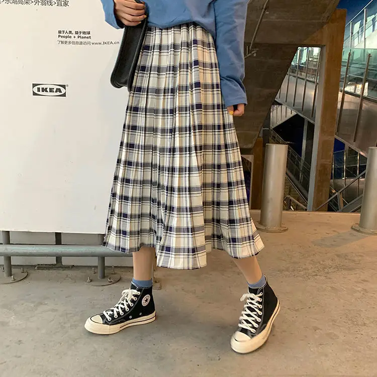

Retro Plaid High Waist Skirt Casual Mid-Length Summer A- line Skirt Woman Skirts Mujer Faldas Saias Mulher