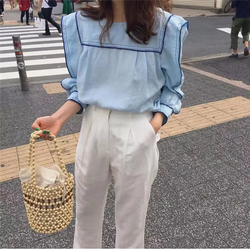 

Early Autumn Preppy Style Color-Hit Sweet Fashion Women Sailor Collar Tops Fresh Puff-Sleeved All-Match Shirts womens shirts