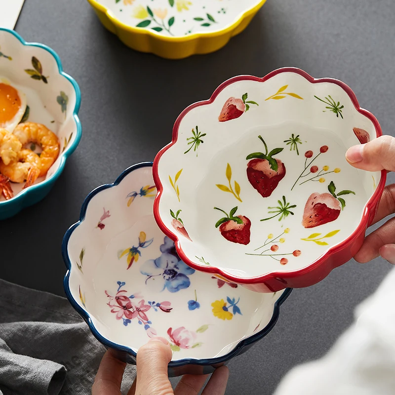 Nordic Simple Hand Painted Ceramic Salad Cake Bowl Colorful Porcelain Soup Fruit Lace Rice Dessert Snack Tableware | Дом и сад