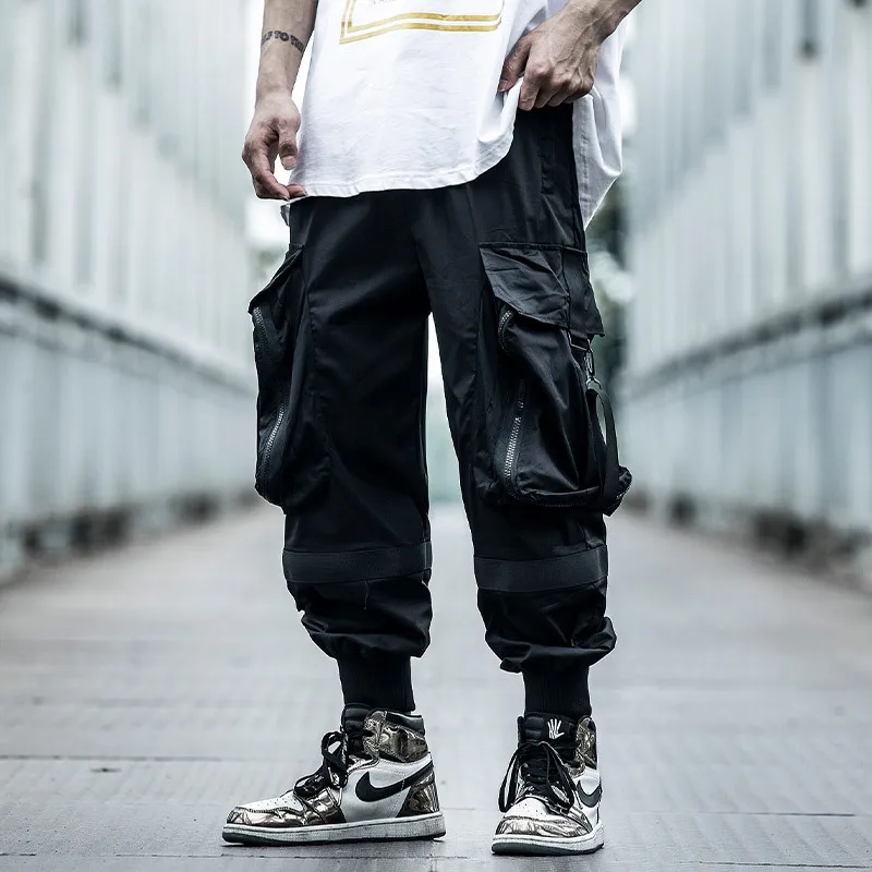 

Black Ribbons Cargo Pants Men Hip Hop Tactics Joggers Harajuku Streetwear Loose Ankle-length Trousers Multi-Pocket Male Techwear