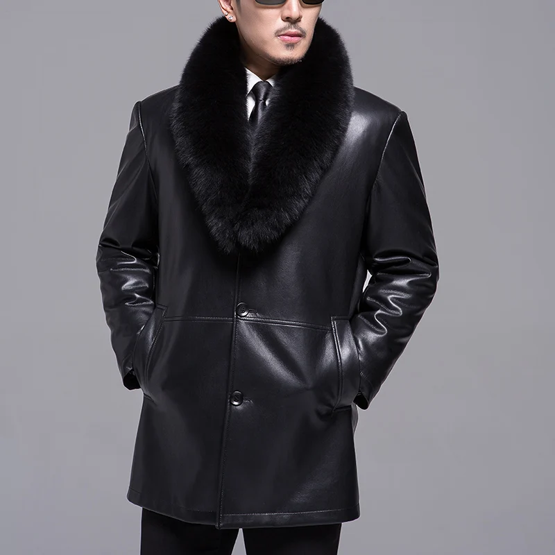 2021 Mens Jacket Middle Aged Male Fox Fur Collar Long Plush And Thick Overcoat Winter Sheepskin Keep Warm Coat Free Shipping | Мужская