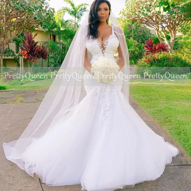 

Sexy Spaghetti Plunging Neck Wedding Dress 2021 Mermaid White Lace Appliques Long Sweep Train Bridal Dresses Vestidos De Novia