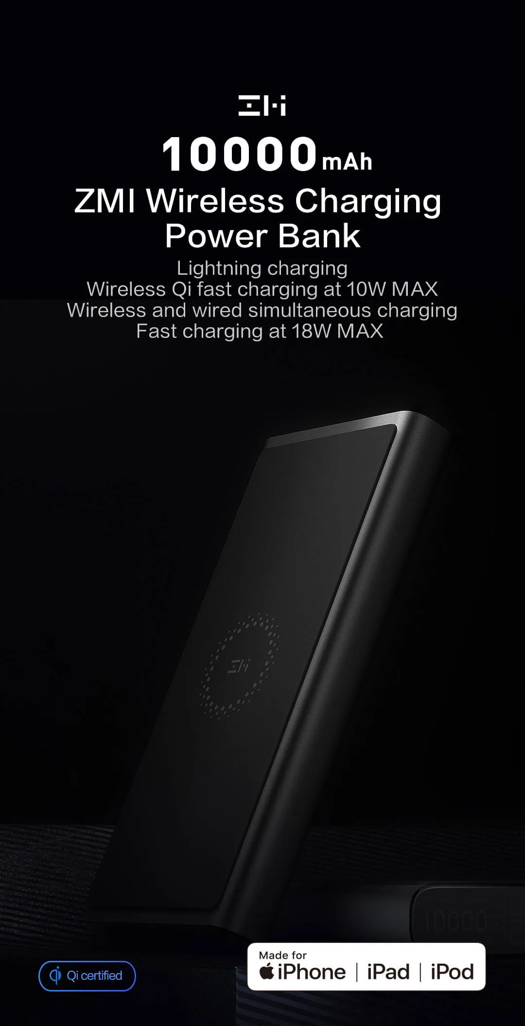 ZMI 10000 мАч беспроводной внешний аккумулятор для MFi для Apple для зарядки Lightning двойной USB-C 18 Вт макс 10 Вт макс Qi Сертифицированный