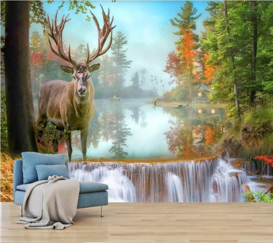

Papel de parede Nordic Dream Waterfall Forest Elk Sofa TV 3d wallpaper mural,iving room tv wall bedroom wall papers home decor