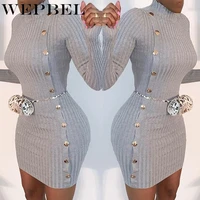 wepbel autumn fashion long sleeve high waist turtleneck mini dress womens sexy solid color sheath single breasted dress