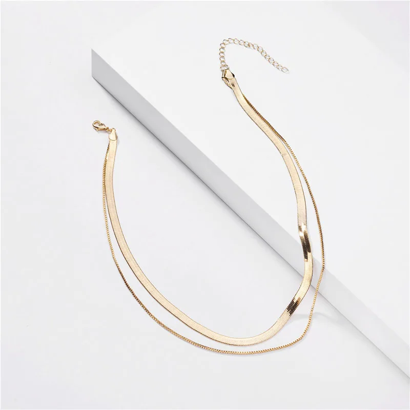 Ожерелье из плоской змеиной цепи золотого и серебряного цвета двухслойное