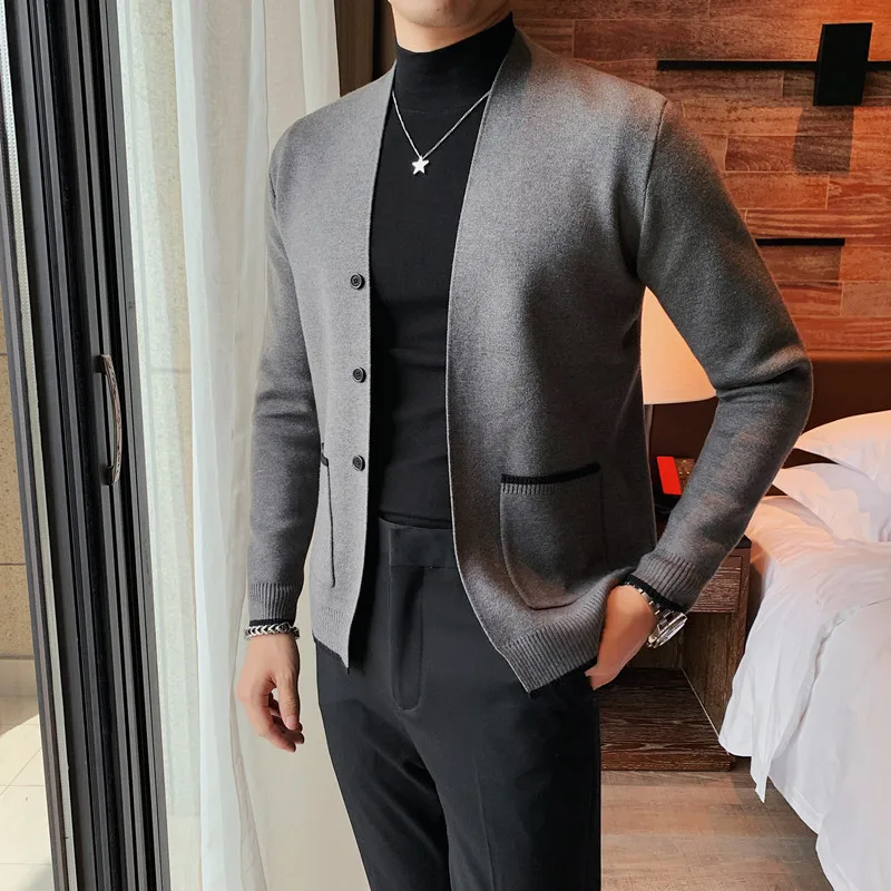 

Top Quality Autumn Winter Fashion V Neck Cardigan Men Clothing Simple Slim Fit Casual Knitted Sweater Business Pull Homme 2Color