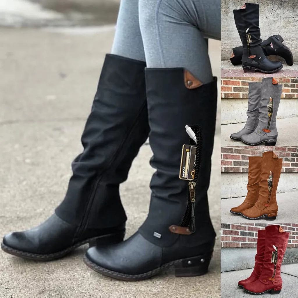 

Plus Size Women Boots Zipper Square Heel Solid Color High Boots Knee-High Shoes Round Toe Boots Warm Women Boots Platform A40