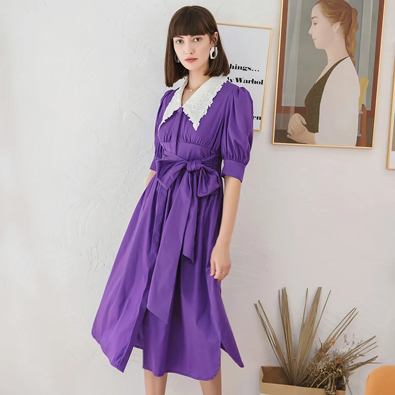 YIGELILA Fashion Women Purple Dress Elegant Peter Pan Collar Lantern Sleeve Belt Dress Empire Slim Mid-length Dress 65804