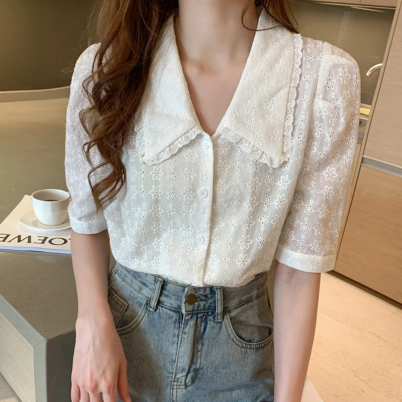 

2021 summer peter pan collar white blouse women's shirt korean fashion women tops hollow out embroidery lace blouses top femme