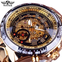 winner sport design automatic watch golden stainless steel skeleton mechanical clock mens watches top brand luxury montre homme