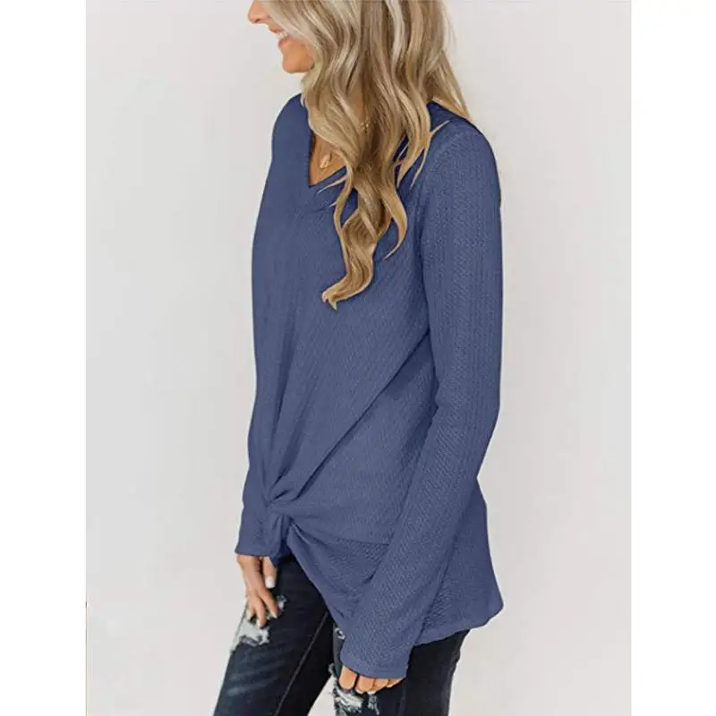 2019 модная футболка с вафельным воротником женская круглым вырезом и длинным