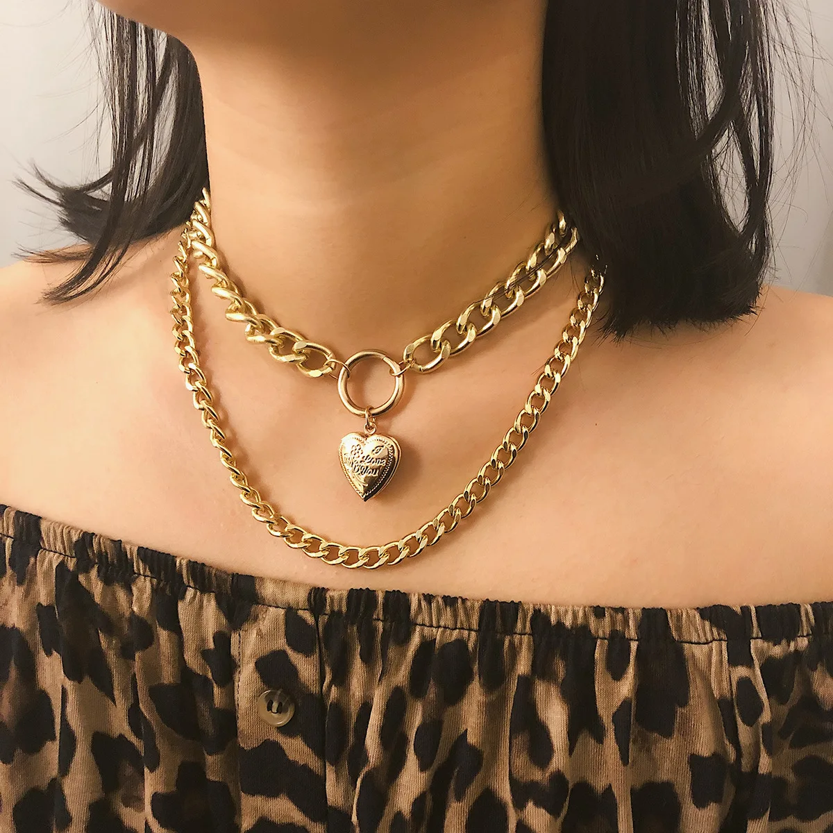 

Punk Cuban Double Layer Necklace Thick Chain Necklace Heart-shaped Openable Pendant Women Jewelry Cool Necklace