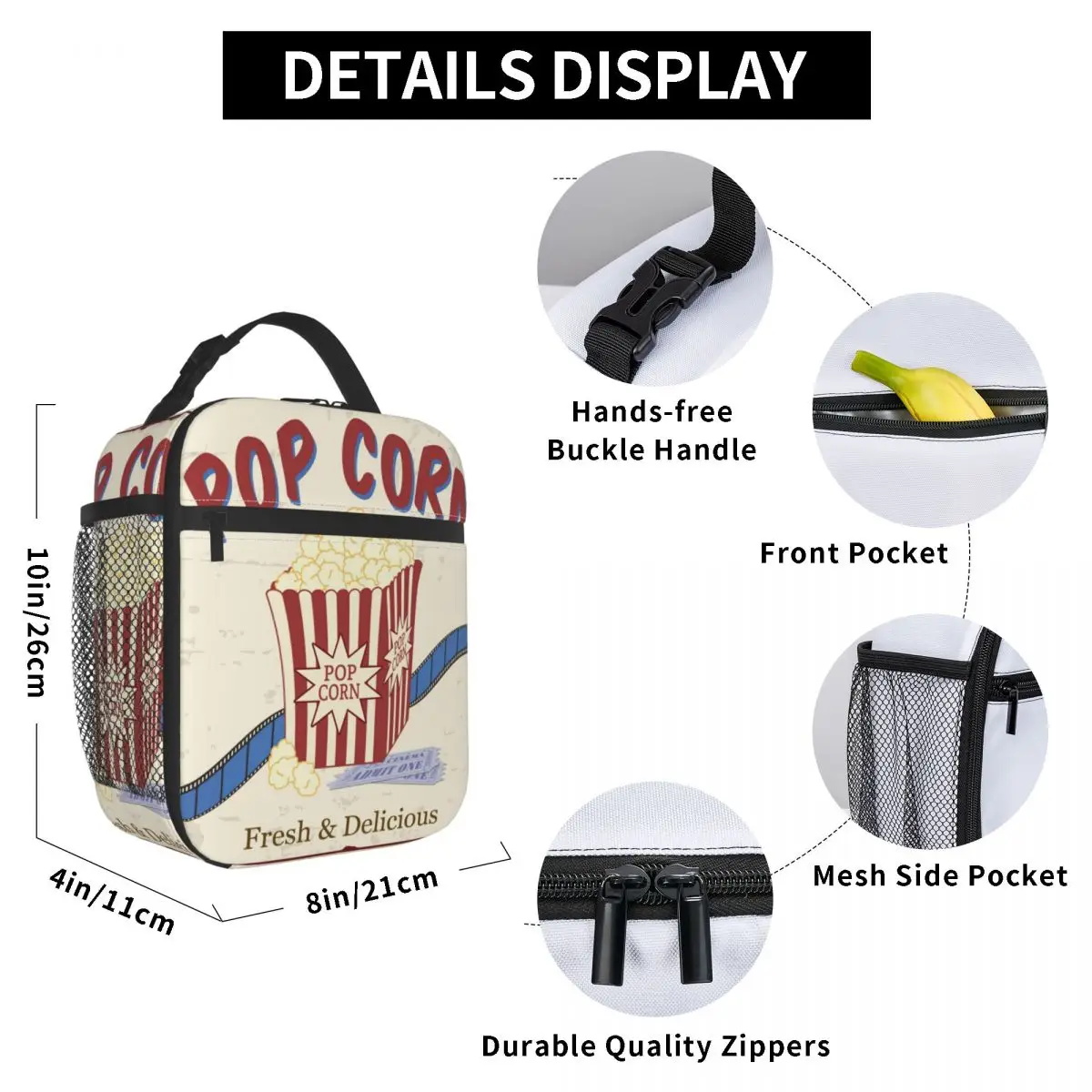 

Vintage Pop Corn Lunch Bag for Women Men Large Insulated Lunch Box with Water Bottle Holder and Pockets