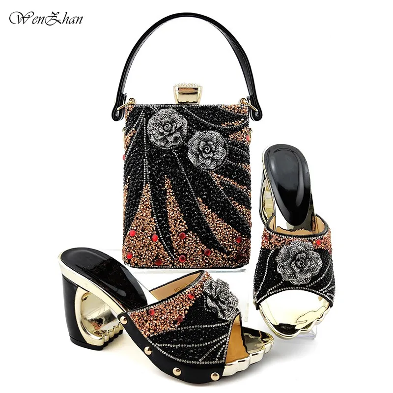 

Black Shoes and Bag Set Decorated with Rhinestone Women Shoes 9cm High Heel Italian design Shoes and Bags 38-43 WENZHAN B912-17