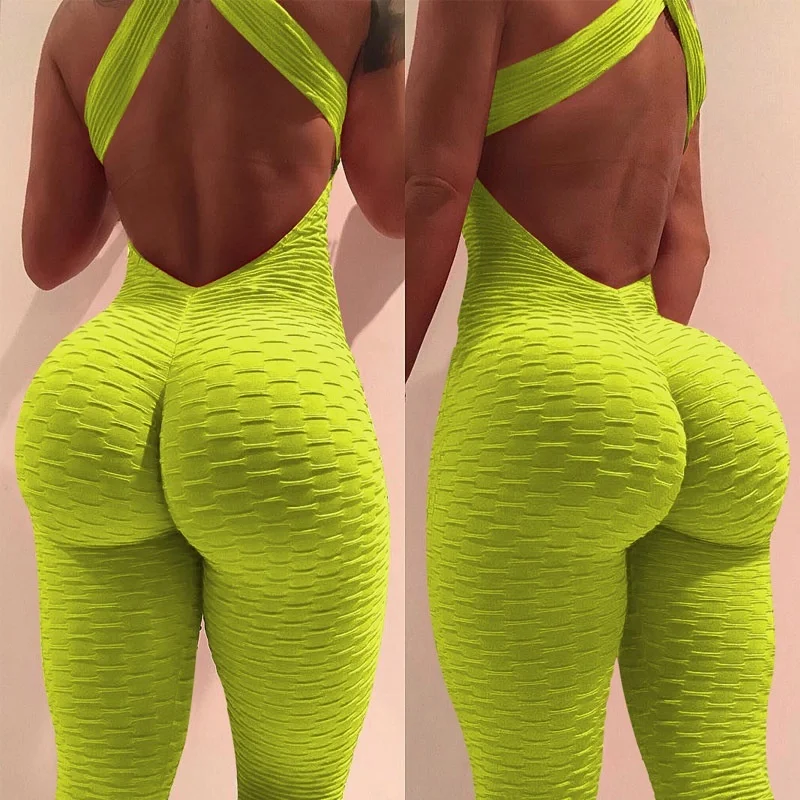 

1pc Sexy Halter Women's Tracksuit Yoga High Waist Play suit Slim Sport Backless Top Running Sportswear Pants Push up Jumpsuit