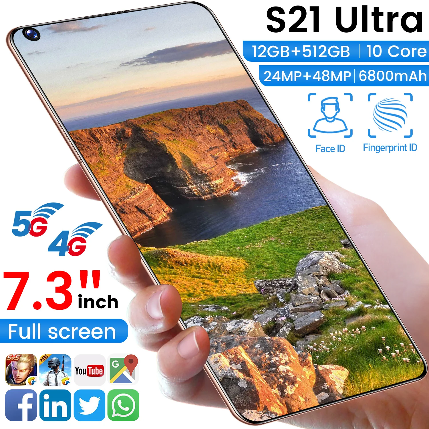 

Global Version S21Utra 7.3" Smartphone Full Screen 12+512GB 6800Mah Support Face ID Dual SIM Multi Function 4G 5G Cellphone