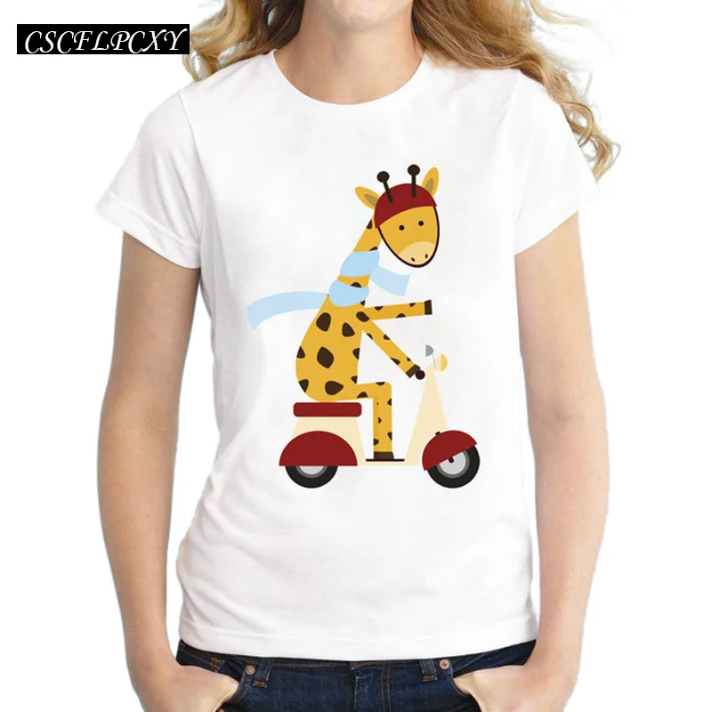 Женская футболка с принтом жирафа на мотороллере коротким рукавом новинка 2019 |