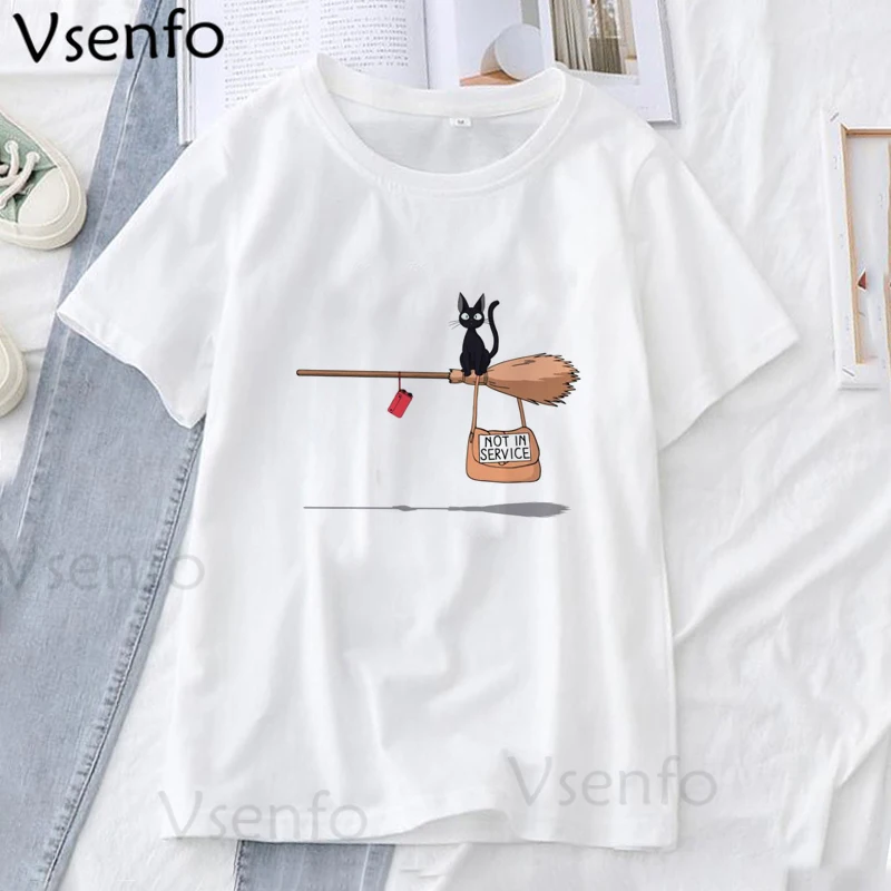 

Harajuku Kawaii Kikis Delivery Service Art Women's T-shirt Summer Women Cute Cat Not In Service Funny Graphic Tee Shirt Woman