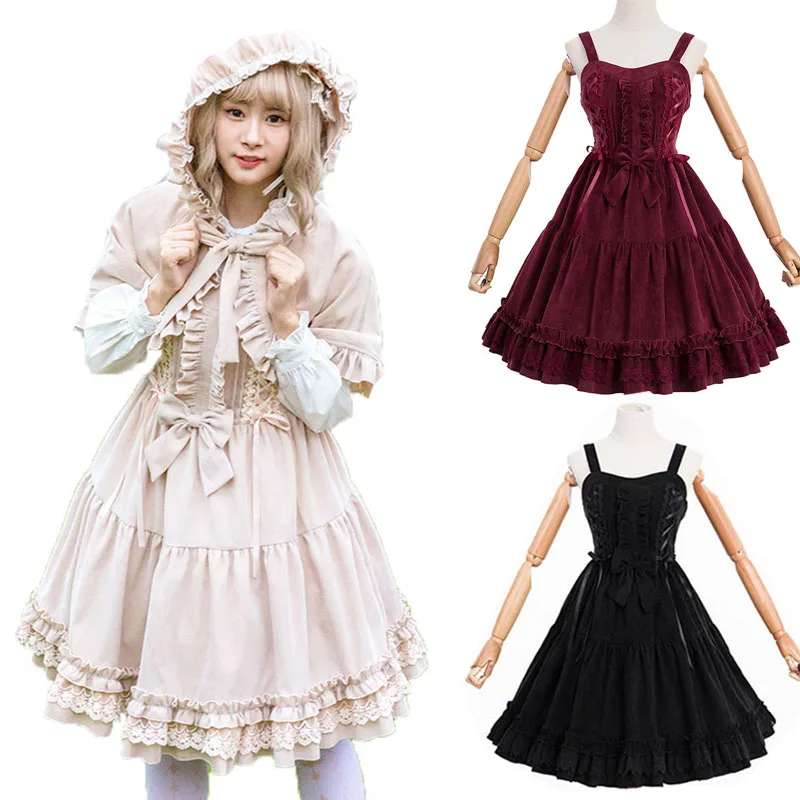Фото Vintage Corduroy Strap Knee Length Jumper Dress Women Sweet Lolita Warm Ruffle Bow Corset Flower Embroidery For Lady Girls Женская Vintage Corduroy Strap Knee Length Jumper Dress Women Sweet Lolita Warm Ruffle Bow Corset Flower Embroidery For Lady Girls Женская