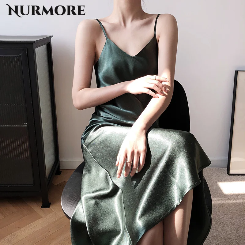 

Nurmore женское атласное длинное платье на шнуровке с V-образным вырезом высокого качества элегантные вечерние платья 2021 весеннее повседневно...