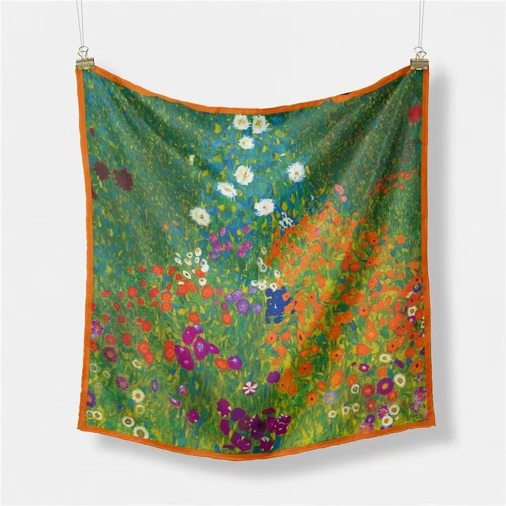 

53X53CM Women Fashion Oil Painting Floral Twill Silk Square Scarf Ladies Small Wrap Bandana Neck Head Bag Accessories Jewelry