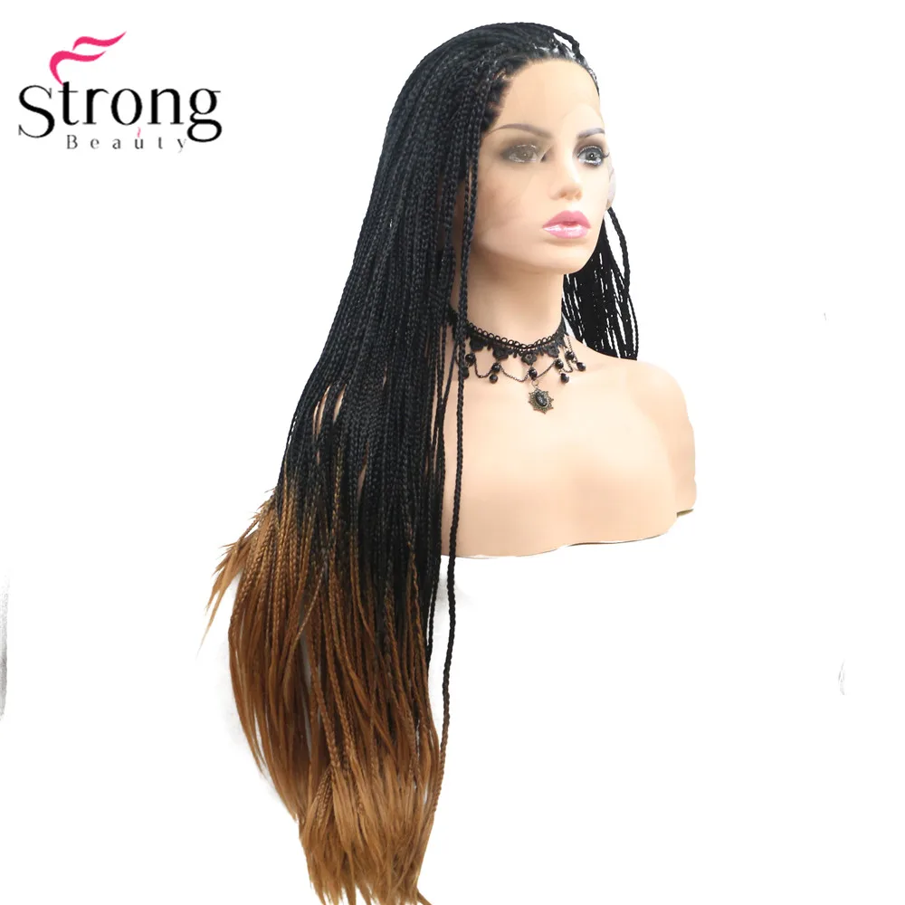 StrongBeauty коробка коса Кружева спереди длинный черный парик Омбре Синтетический Плетеный ящик косы парики для женщин