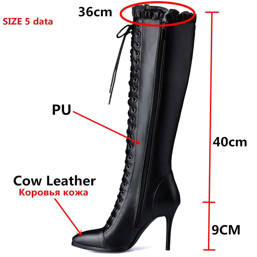

MORAZORA Plus size 34-46 Cow Leather Boots women fashion lace up sexy stiletto high heels ladies knee high boots zip ladies shoe
