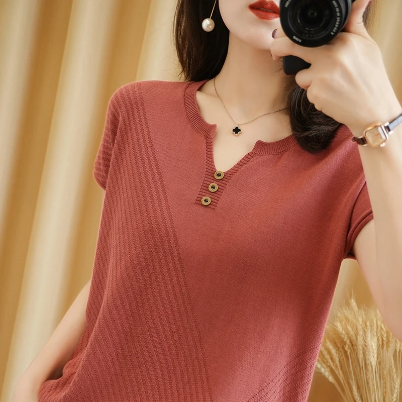 

2021 Summer New Pure Cotton Knit Short-Sleeved Women' V-Neck Short Loose Wild Plus Size Vest Cotton And Linen Sleeveless T-Shirt