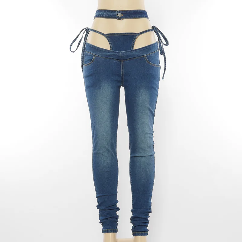 

2021 Denim Joggers Women High Waist Bandage Panties Patchwork Spliced Jeans Pencil Pants Sexy Streetwear Club Bottoms