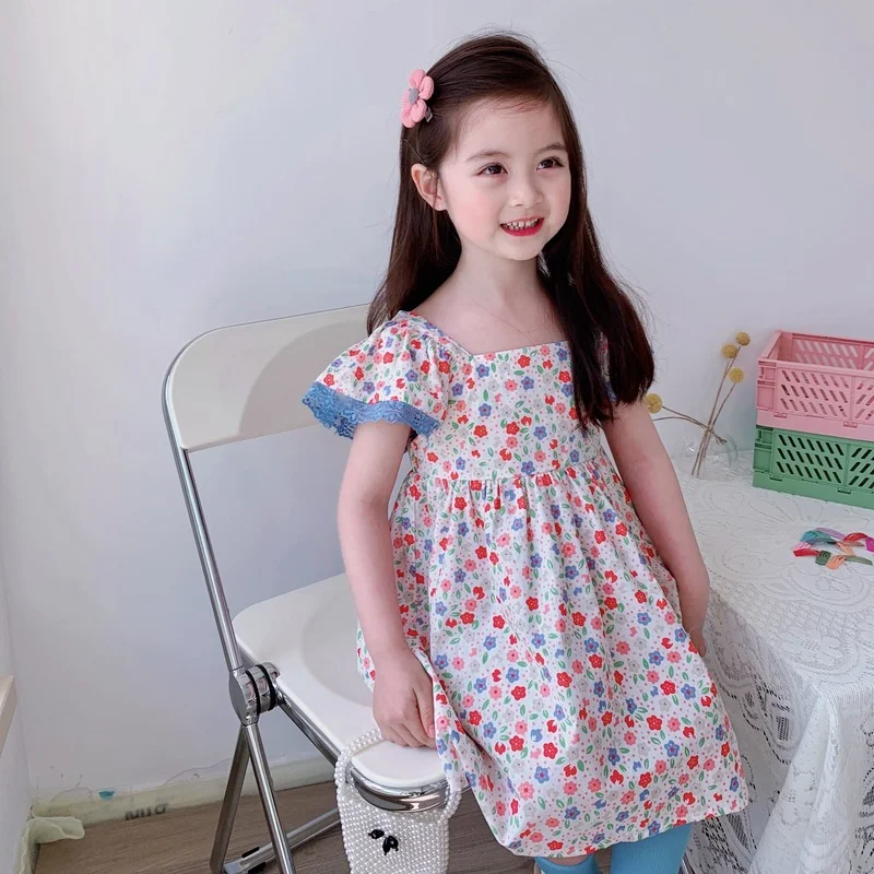 

New Girl Floral Flying Sleeve Dress Lace Todler Girl Square Collar Princess Dresses Summer 2021 New Toddler Girl Cotton Holiday