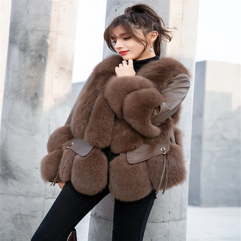 Новинка 2021 Женское пальто из меха норки модное зимнее с лисьим мехом 100%