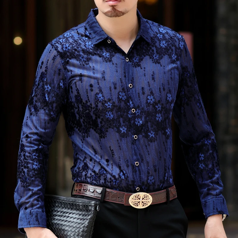 Рубашка мужская приталенная с длинным рукавом модная Клубная сорочка цветочным