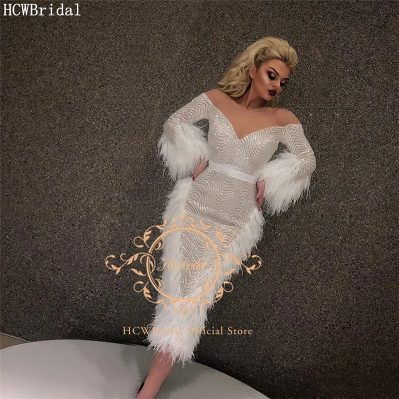 Блестящее женское платье с длинными рукавами и перьями короткое сексуальное